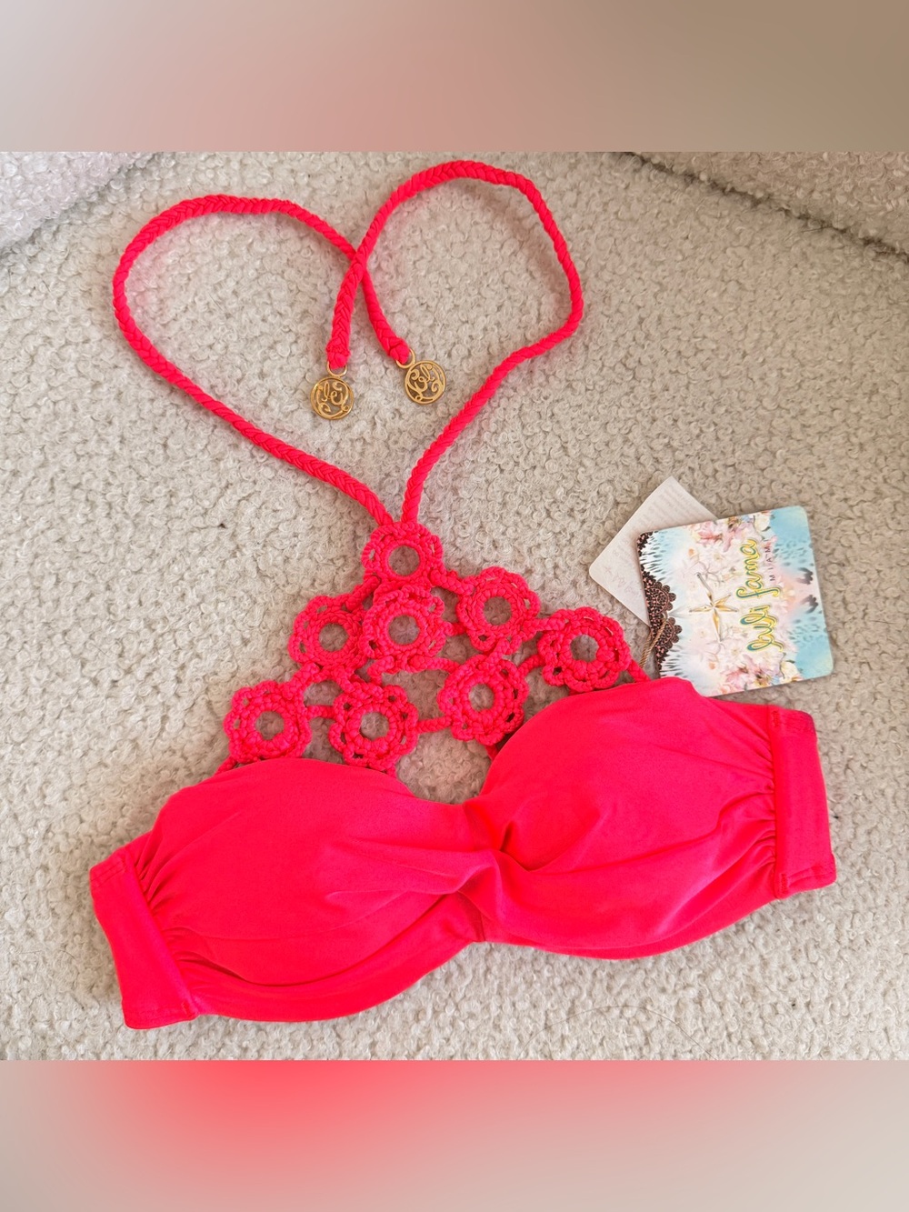 Luli Fama Florcitas De Arena Crochet RED Bikini Top